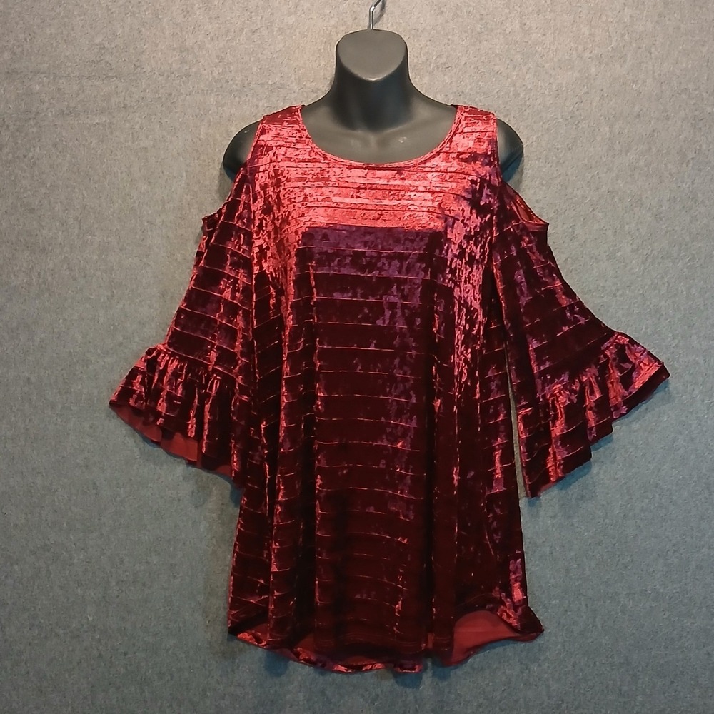 Crushed Velvet M Whimsygoth Tunic Cold Shoulder Top Ruffle Sleeve Pockets hippie